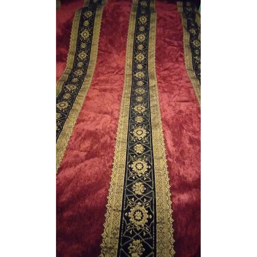 Luxurious‎ Burgundy Velvet Bed Sheet Ornate Navy & Gold Trim Traditional Pattern